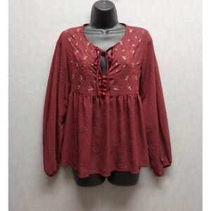 Anna Cai Top Babydoll Burgundy Embroidered Semi Sheer Velvet Trim Witchy Boho M‎